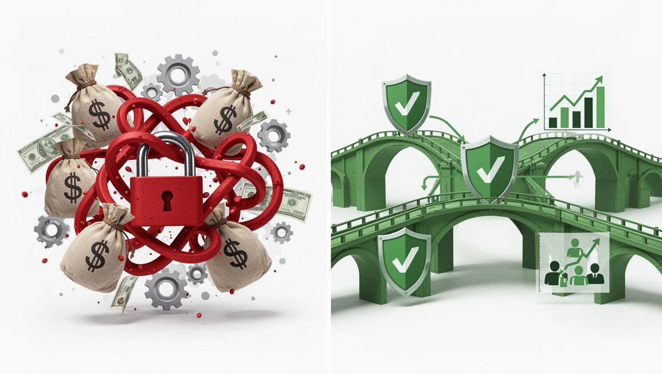 Left side shows tangled red locks clashing with money bags and gears; right side has green bridges linking shields to revenue charts and customer icons.