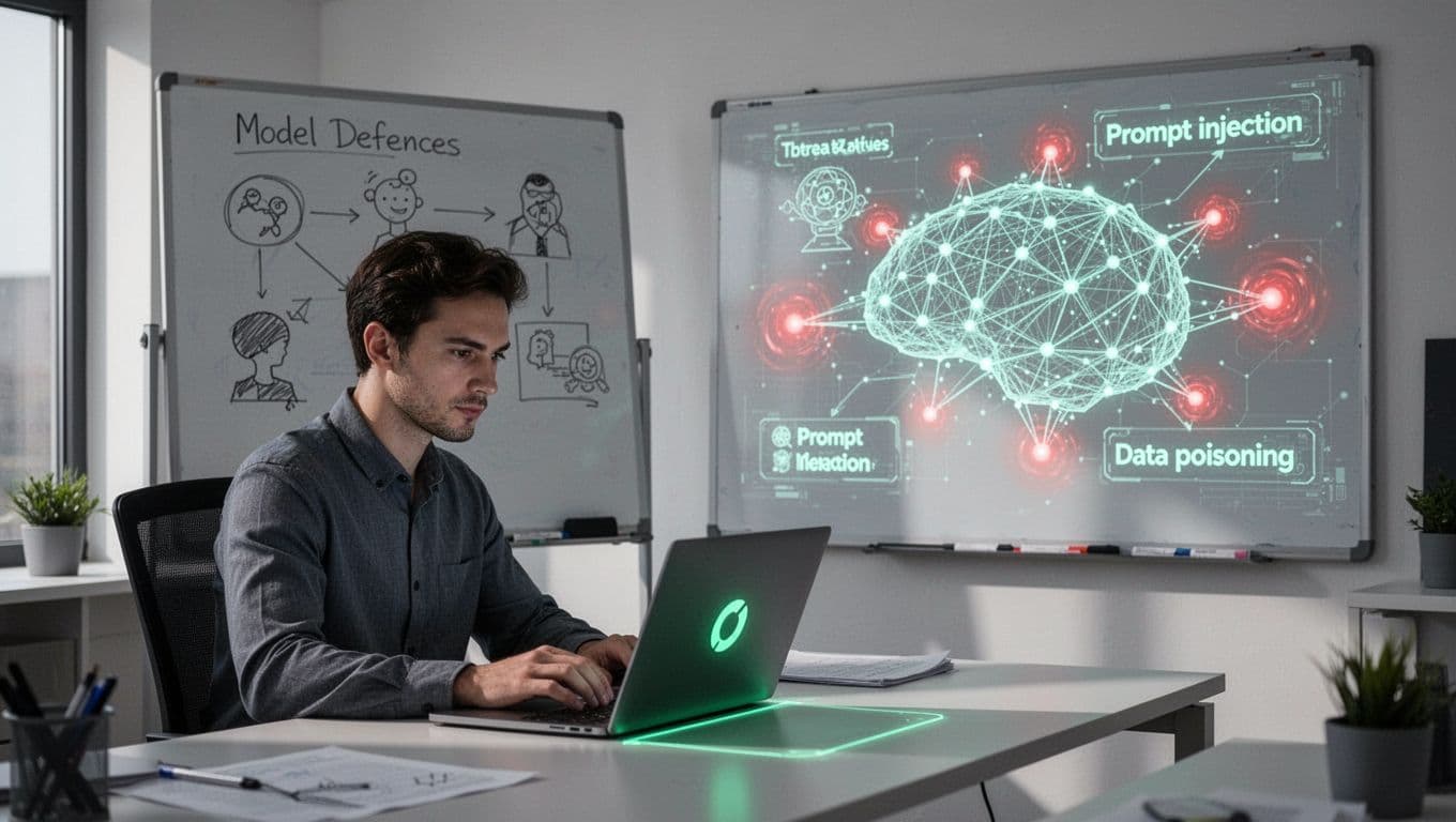 Security engineer at desk reviews neural network diagram on laptop with red threat alerts and whiteboard sketches.