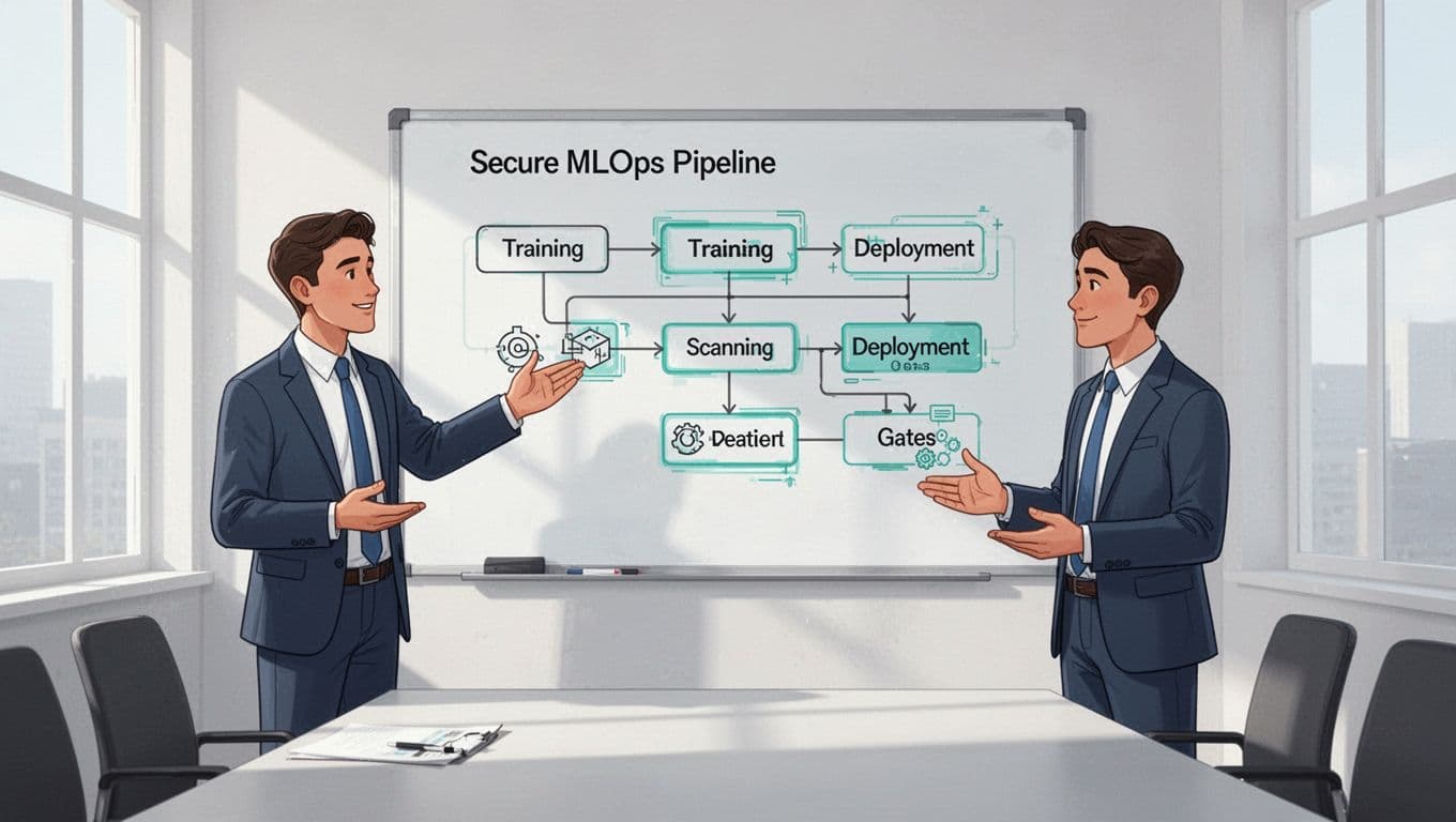 Candidate diagrams secure MLOps pipeline with training, scanning, and deployment icons on whiteboard as interviewer nods in conference room.