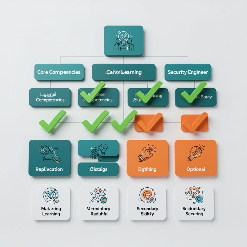 Abstract icons in a balanced matrix show green checks for core skills and orange gaps for others.