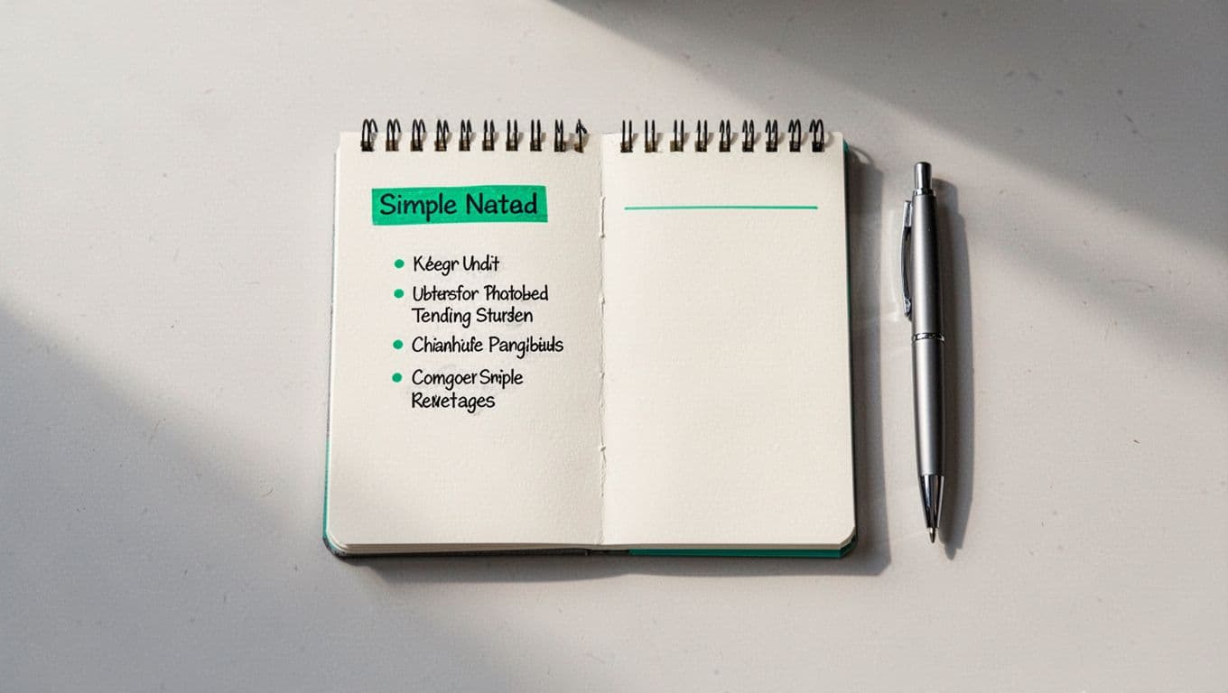 Modern illustration of a simple agenda outline on a notepad during board meeting preparation, showing bullet points for sections like threats, metrics, and risks in a clean top-down view with green accents.