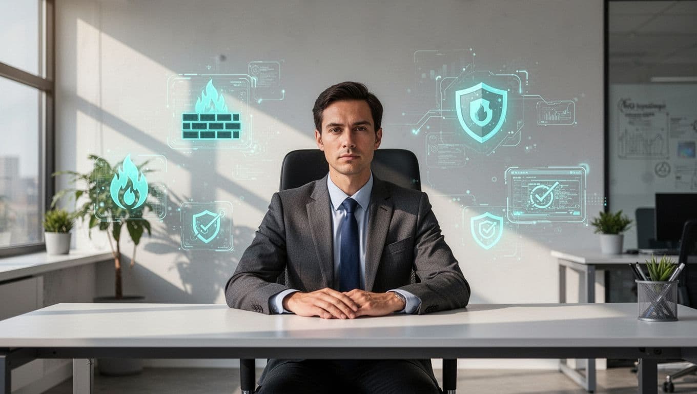 Illustration of a cybersecurity expert in a relaxed pose at a desk, surrounded by icons for firewalls, SIEM, and compliance badges, highlighting qualifications with clean shapes and green accents.