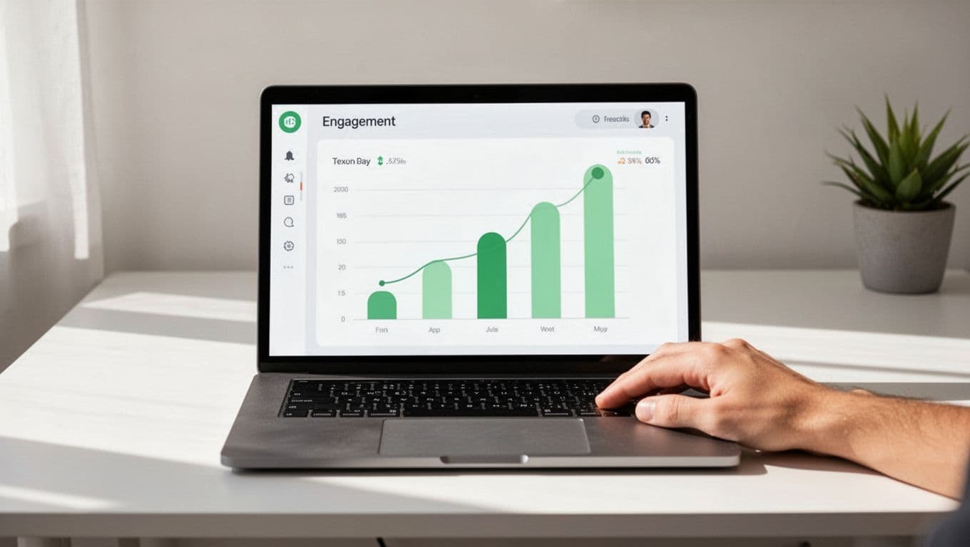A clean, modern illustration of a simple dashboard displaying engagement metrics like quiz scores and open rates with green bar charts, shown on a laptop in a desk setting with one hand resting nearby. Bright lighting, strong centered composition, and slightly blurred charts emphasize easy tracking without hassle.