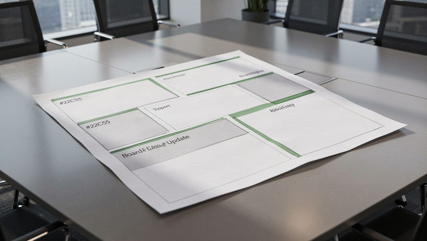 Clean, modern illustration of a structured one-page board update report on paper, with outlined sections for executive summary, trends, risks, mitigations, and board asks, placed on a conference table under soft office lighting.