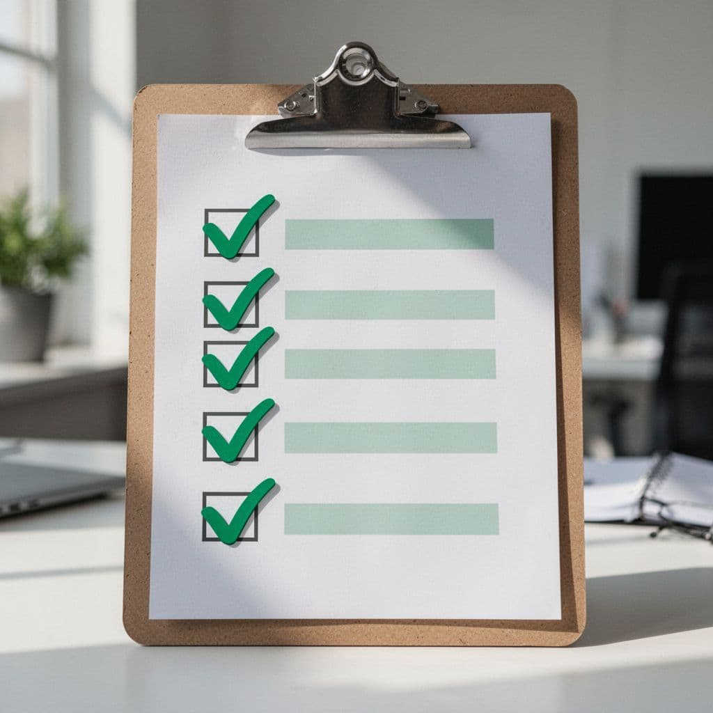 Modern illustration of a checklist on a clipboard for pre-meeting prep, featuring items like review data and rehearse, with clean shapes, controlled colors including green checkmarks, and a strong close-up composition.