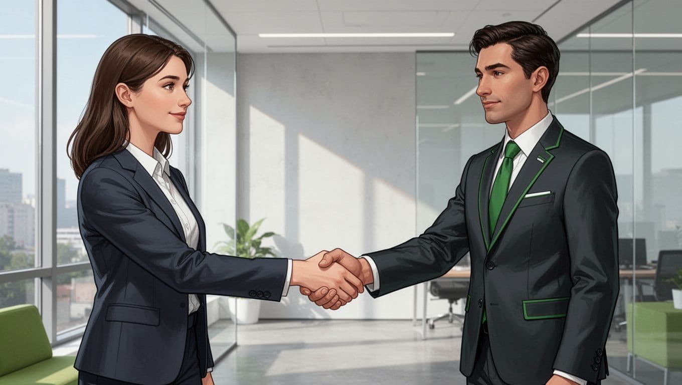 Modern illustration of a handshake between a job seeker and recruiter in a modern office, using clean shapes, green accents, controlled colors, strong composition, natural lighting, and exactly two people with relaxed hands.