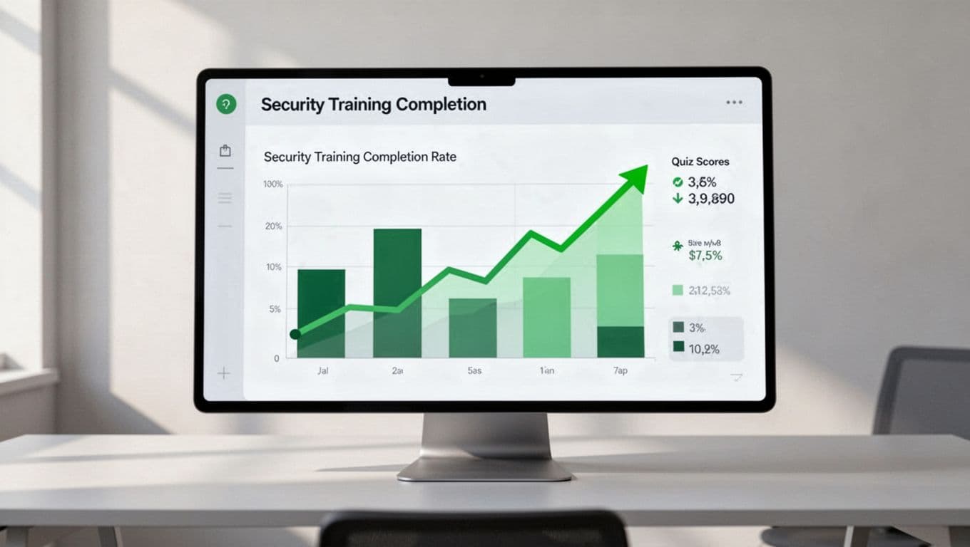Clean, modern illustration of a dashboard displaying simple charts for security training metrics like completion rates and quiz scores, set on a minimalistic office desk with positive trend lines.