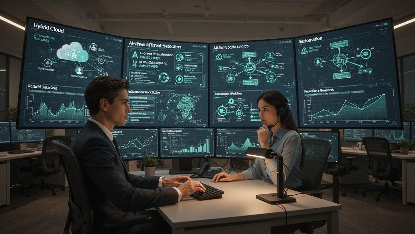 Security operations center with curved screens showing hybrid cloud networks, threat alerts, and workflows; analyst at console.