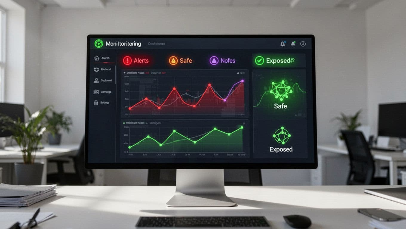 Monitor displays dashboard with alerts for exposed services, graphs of secure green and exposed nodes in clean office.