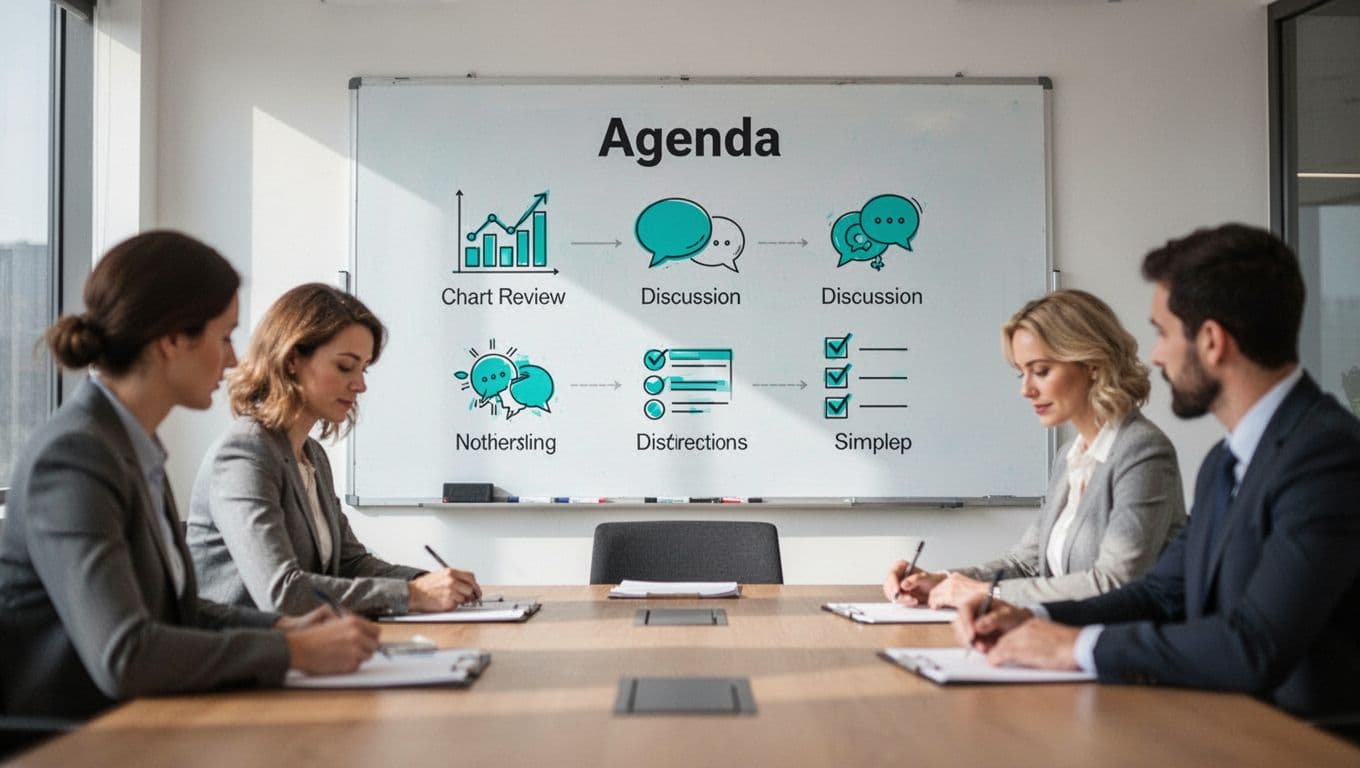 Modern illustration featuring a conference room whiteboard with clean icons for agenda steps like review charts, discussion bubbles, and action items checklist, accented in green (#22C55E). Blurred background shows exactly four team members at a table preparing notes under soft office lighting, with composition focused on the board and no readable text.