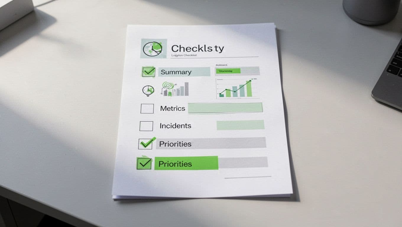 Modern illustration of a simple checklist template for monthly security update preparation on a desk, featuring icons for summary, metrics, incidents, and priorities. Clean shapes, controlled colors, soft lighting, and green accents highlight checkmarks with a central document focus.