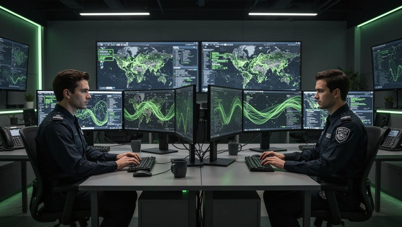 Modern illustration of two security analysts in a dimly lit MSSP operations center, monitoring multiple screens displaying abstract threat maps and data flows with green accent alerts.