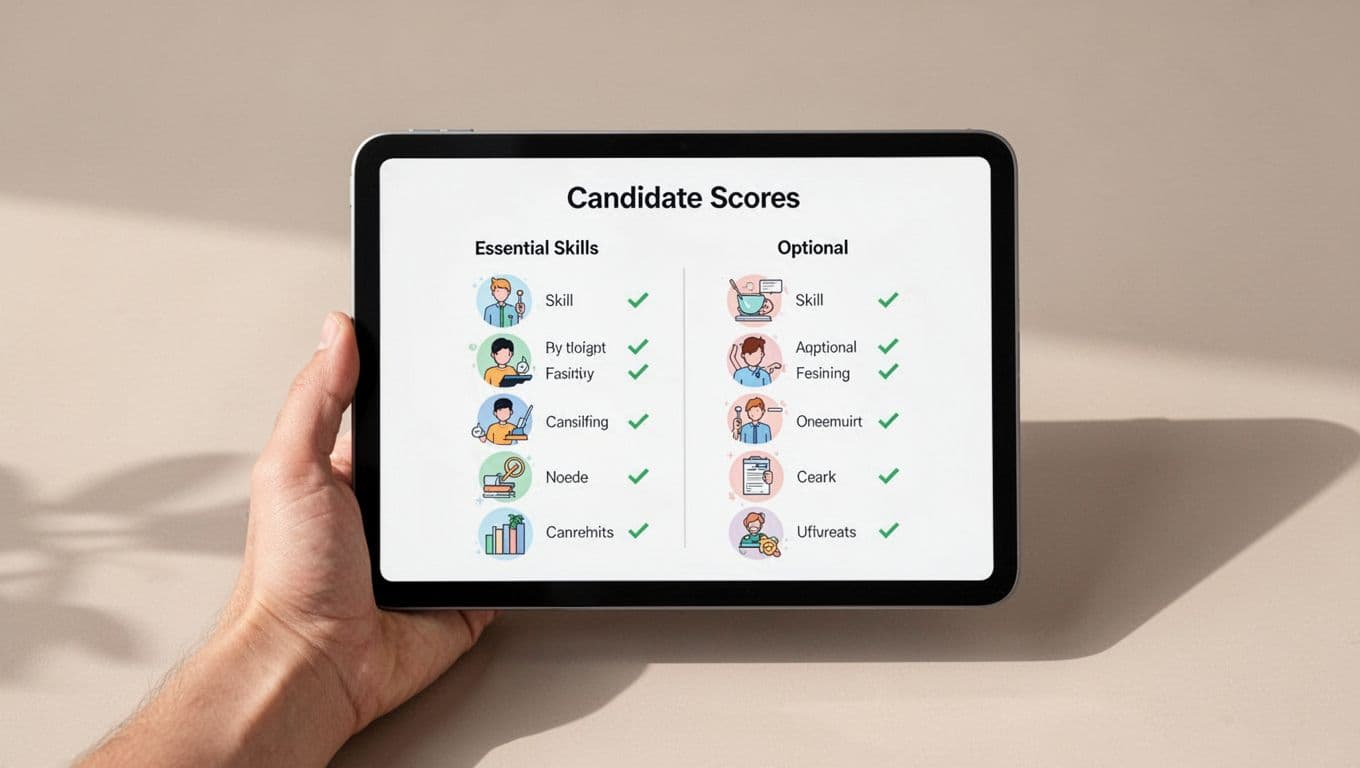 A clean illustrated candidate scorecard on a digital tablet held by one hand, displaying must-have skills like Zero Trust design, NHI management, and multi-cloud IAM, alongside nice-to-have skills like AI security integration, with green checkmarks indicating strengths.