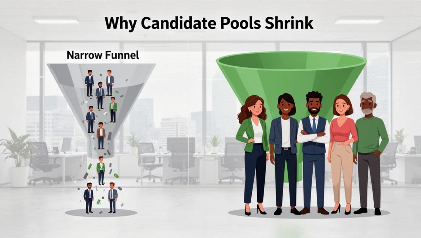 Modern illustration contrasting a narrow recruiting funnel on the left with few candidates against a wide funnel on the right welcoming a diverse group of five candidates of various ethnicities, ages, and genders.
