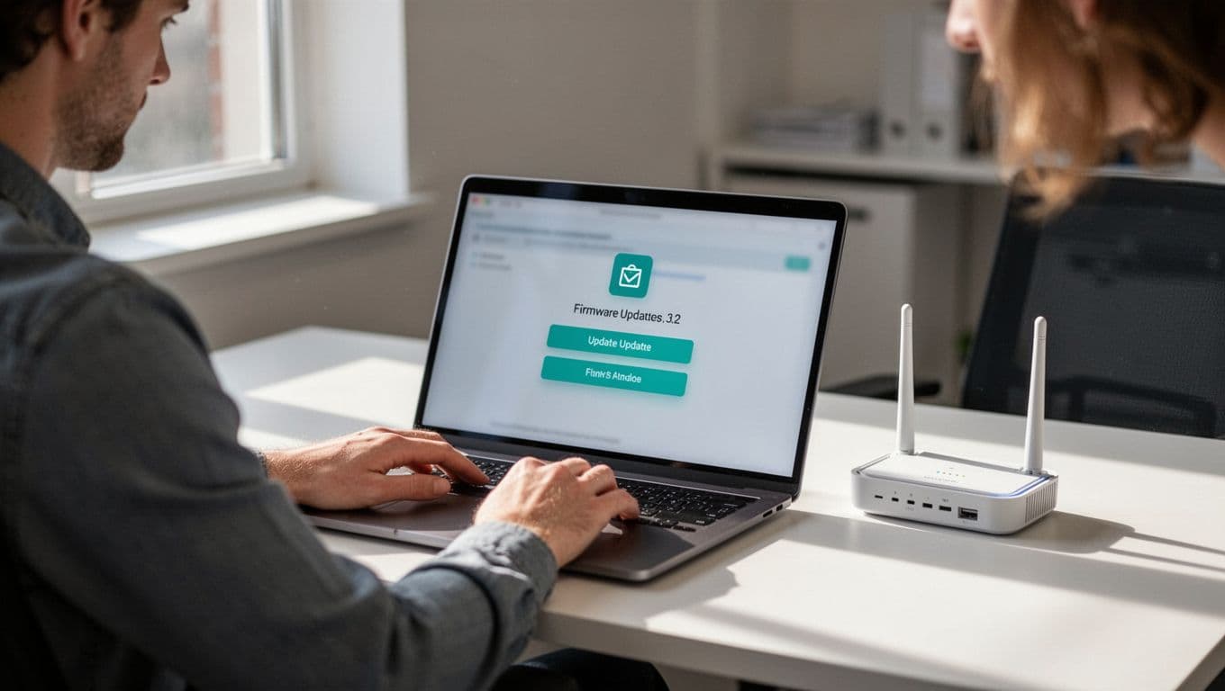 Network admin at office desk views firmware update on laptop next to Wi-Fi access point, hands relaxed on keyboard.