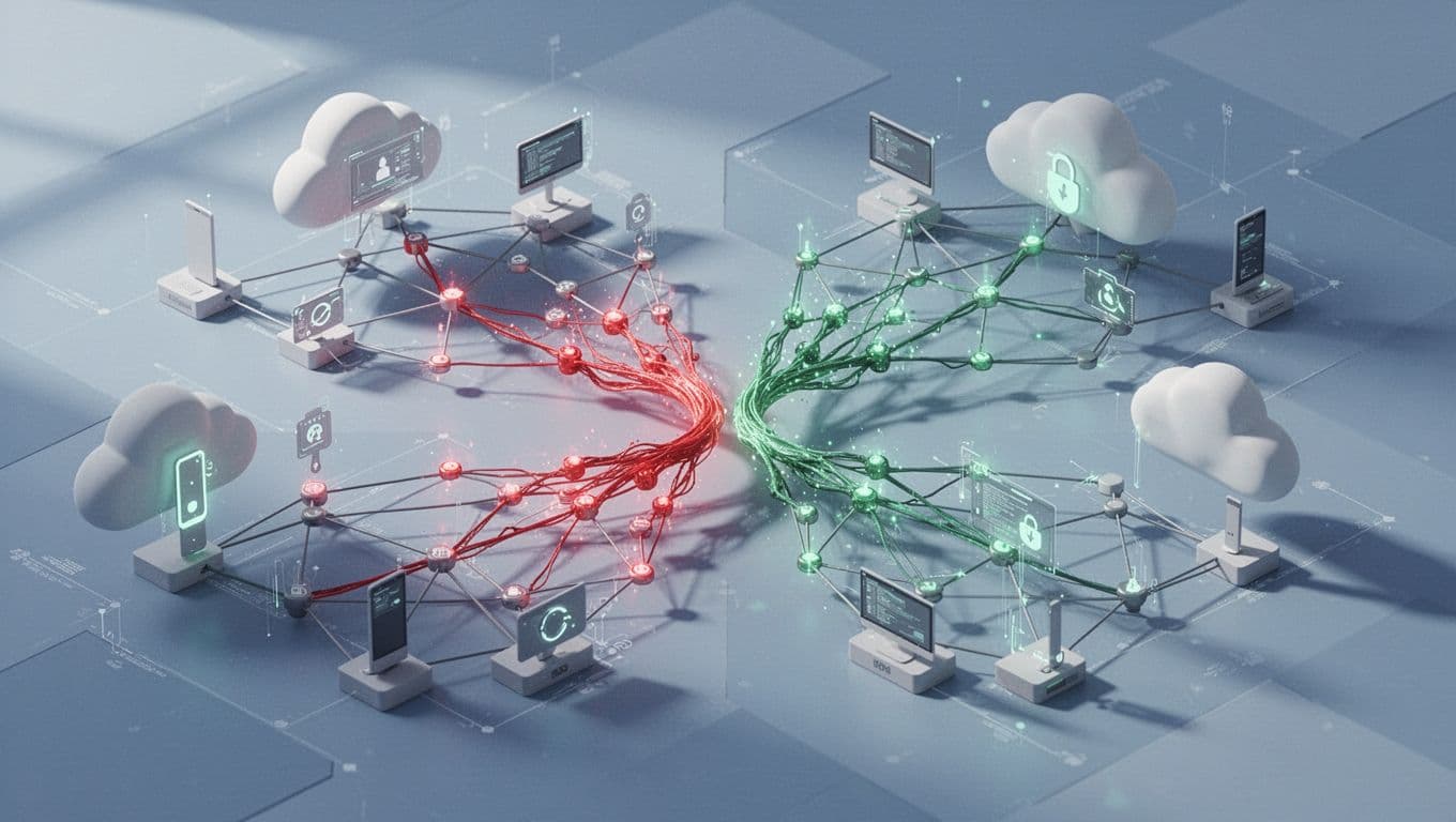 Isometric network diagram of two companies merging at central point, red vulnerabilities, green secure segments, clouds, endpoints.