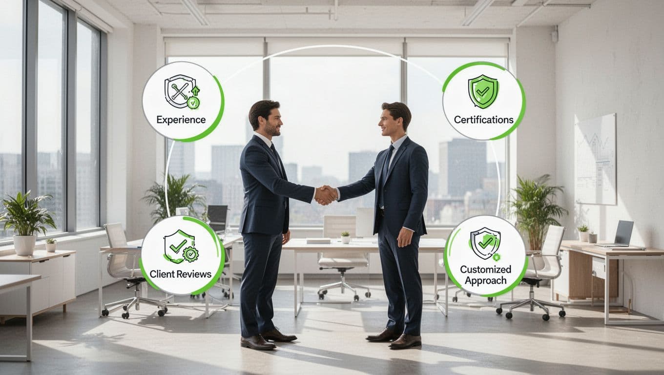 Illustration of evaluation icons for experience, certifications, client reviews, and customized approach around a central client-consultant handshake in a clean office background.