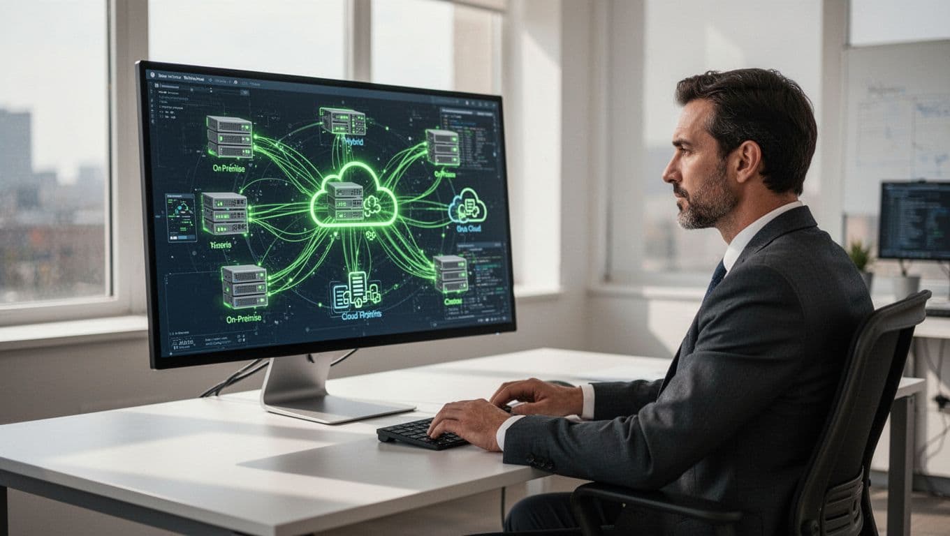 A network security consultant at a modern desk in a bright office focuses on a screen showing hybrid network diagrams with on-prem servers, cloud platforms, and green-highlighted flows. Professional illustration with one person in clean, modern style.
