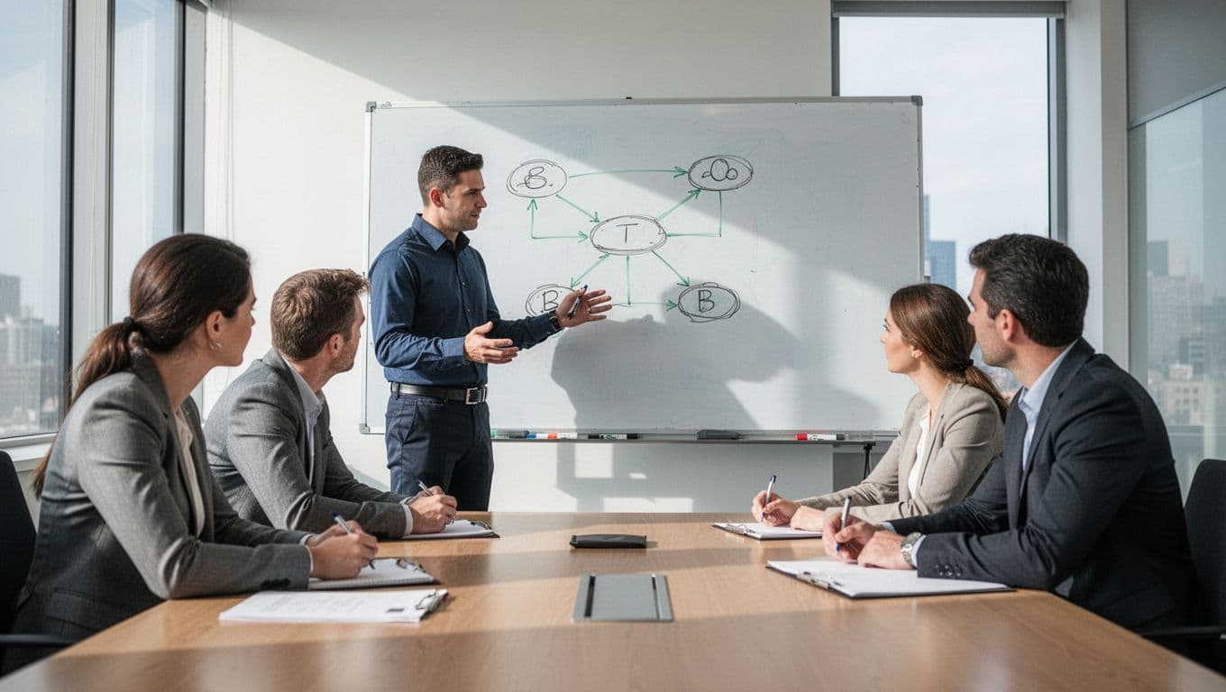 Security candidate sketches simple network security diagram on whiteboard, presenting to three attentive interviewers seated in modern conference room. Dynamic illustration with clean shapes, accented by green highlights, capturing engaging discussion energy.