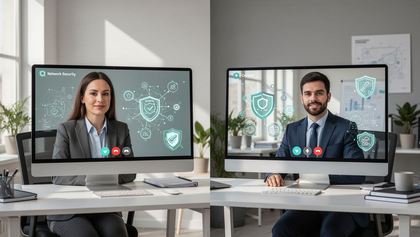 Modern illustration of a network security recruiter interviewing a candidate via video call, with screens showing CISSP certifications and network diagrams in professional office backgrounds.