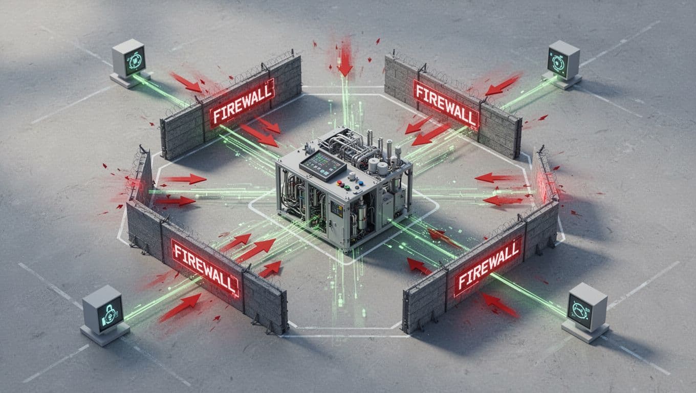 Isolated central legacy ICS hardware shielded by firewall barriers blocking red attack arrows, with green safe connections to external nodes.