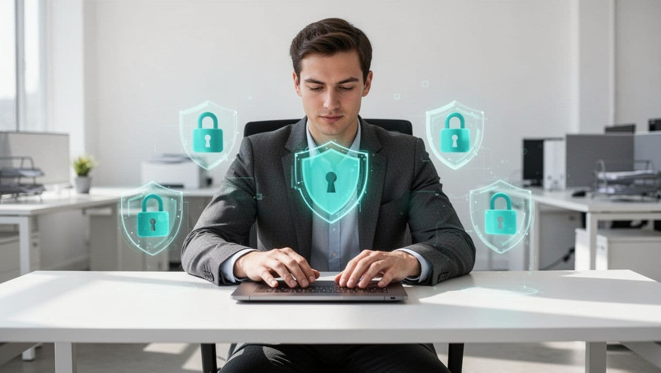 Illustration of a new employee at a modern office desk setting up a laptop with floating security icons like locks and shields, emphasizing secure device setup in onboarding.
