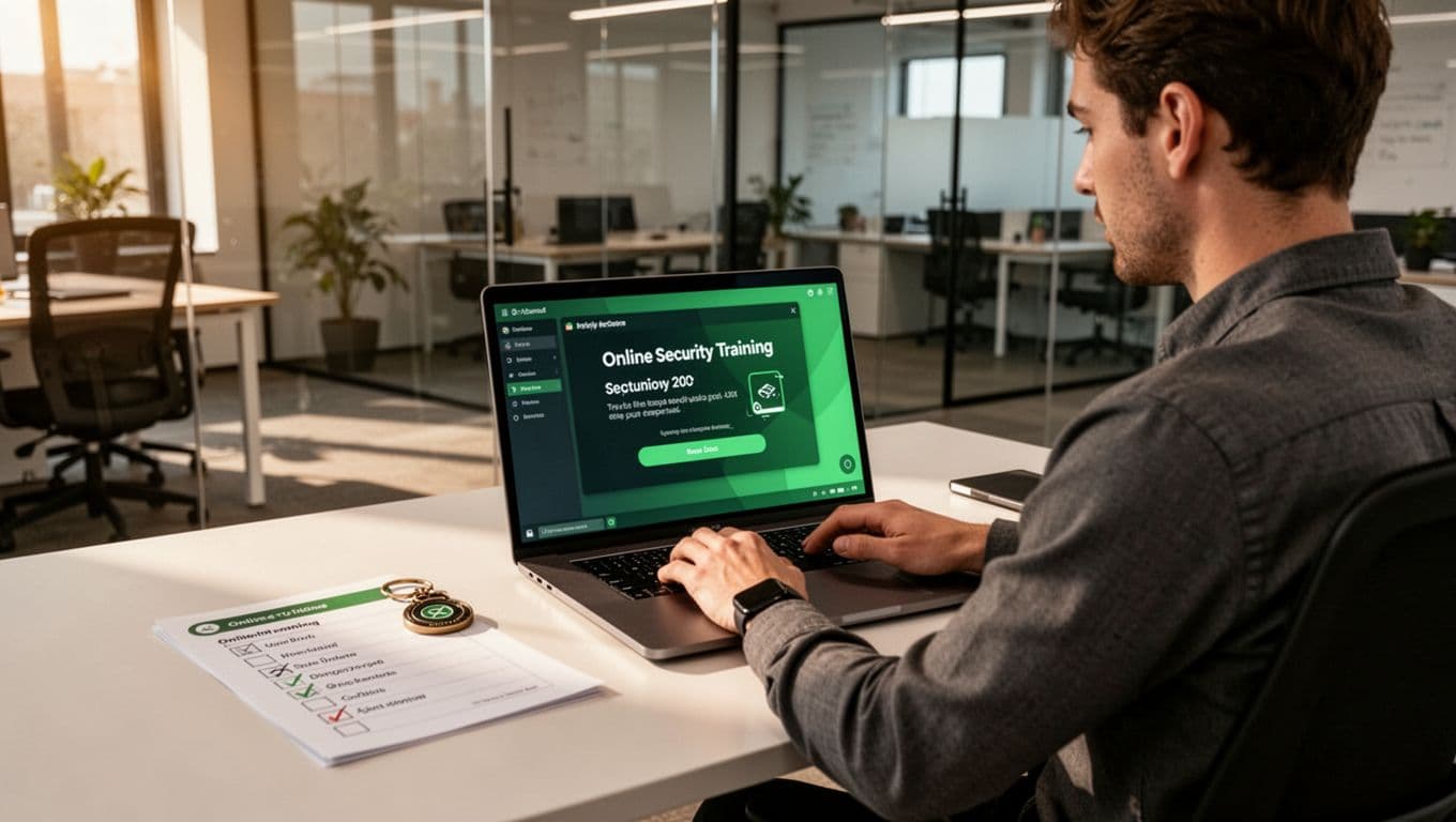 New employee completes online security training on laptop in modern workspace with checklists and badges nearby.