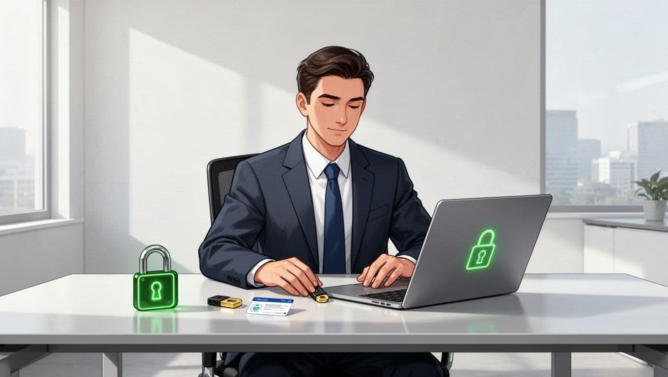 Modern illustration of a new technical hire seated at a clean office desk with a laptop displaying a lock icon, an MFA hardware key, and access card nearby.