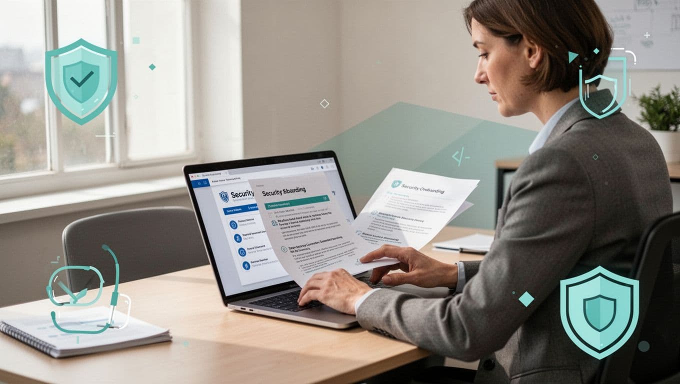 Modern illustration featuring a new manager at a desk reviewing security onboarding documents with an open laptop in a simple office setting, accented by security icons and natural lighting.