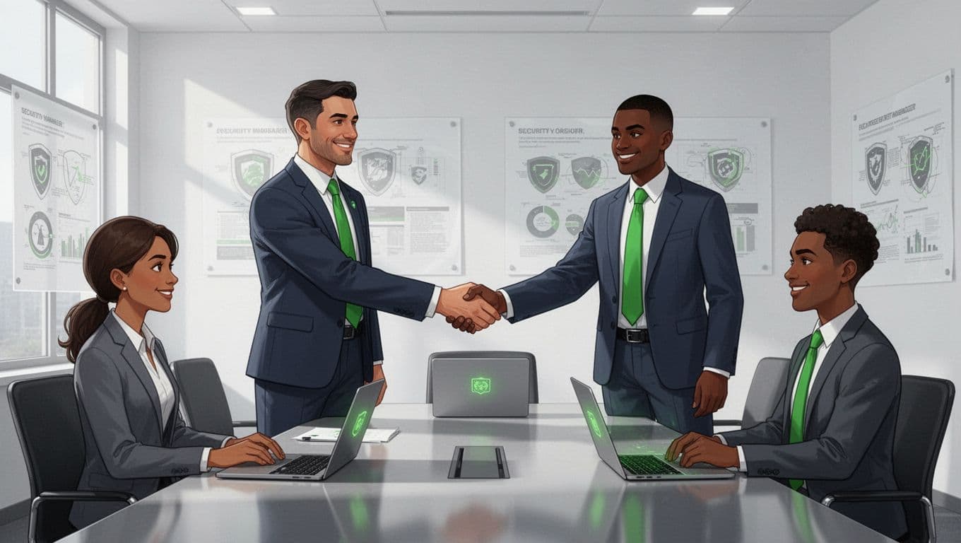 Mid-30s diverse security manager in business casual shakes hands relaxedly with one team member across a table in a modern conference room, laptops and faint security charts in background, medium shot illustration.
