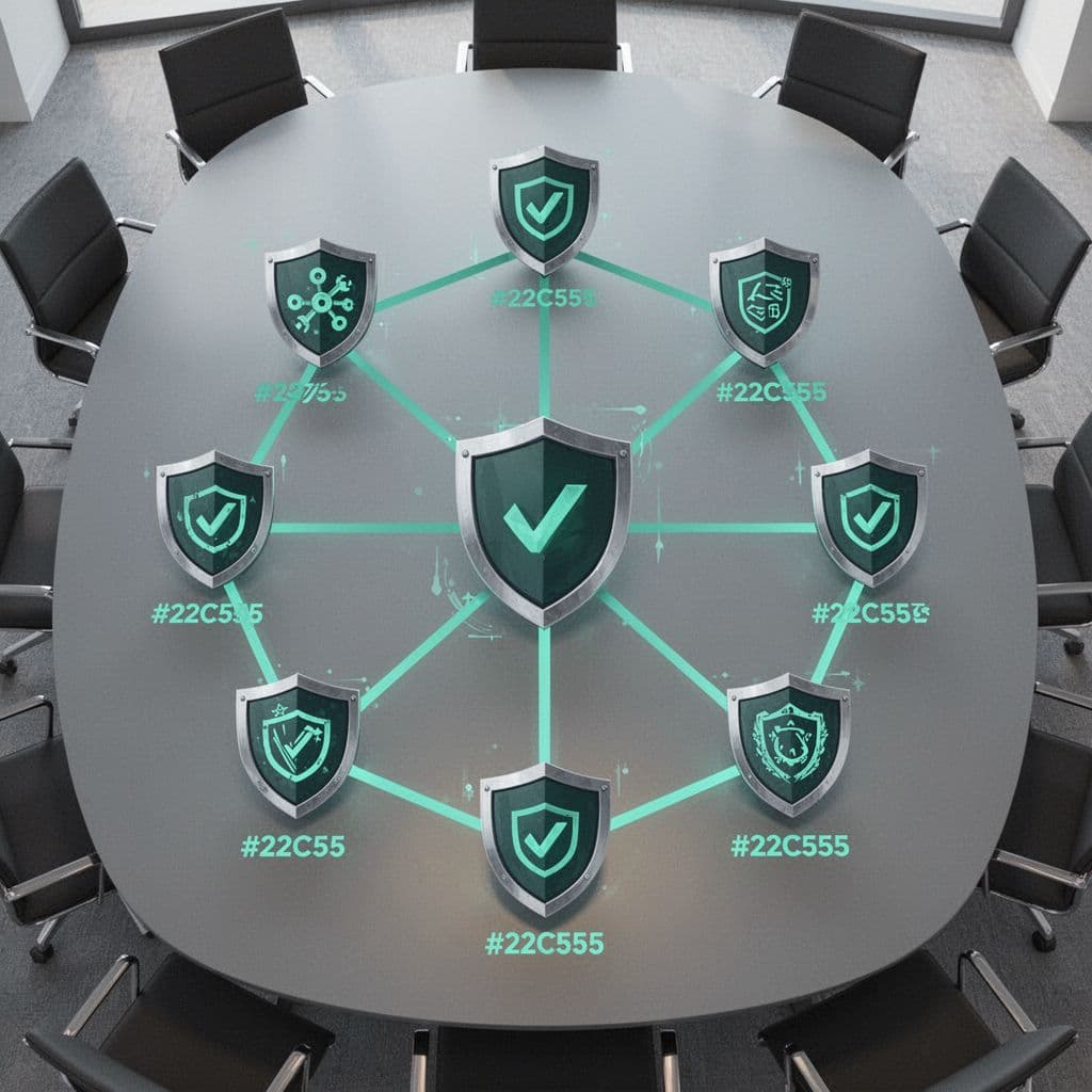 Modern top-down illustration of connected shields representing NIST, ISO 27001, and SOC 2 compliance standards around a secure network diagram on a conference table.