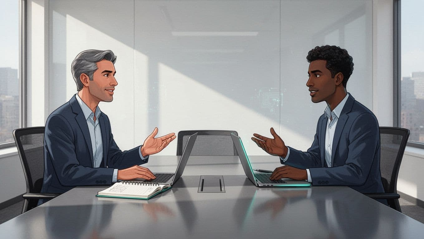 Modern illustration of a nontechnical leader in a meeting room interviewing a cybersecurity candidate, seated at a table with notebooks and laptop in relaxed discussion.