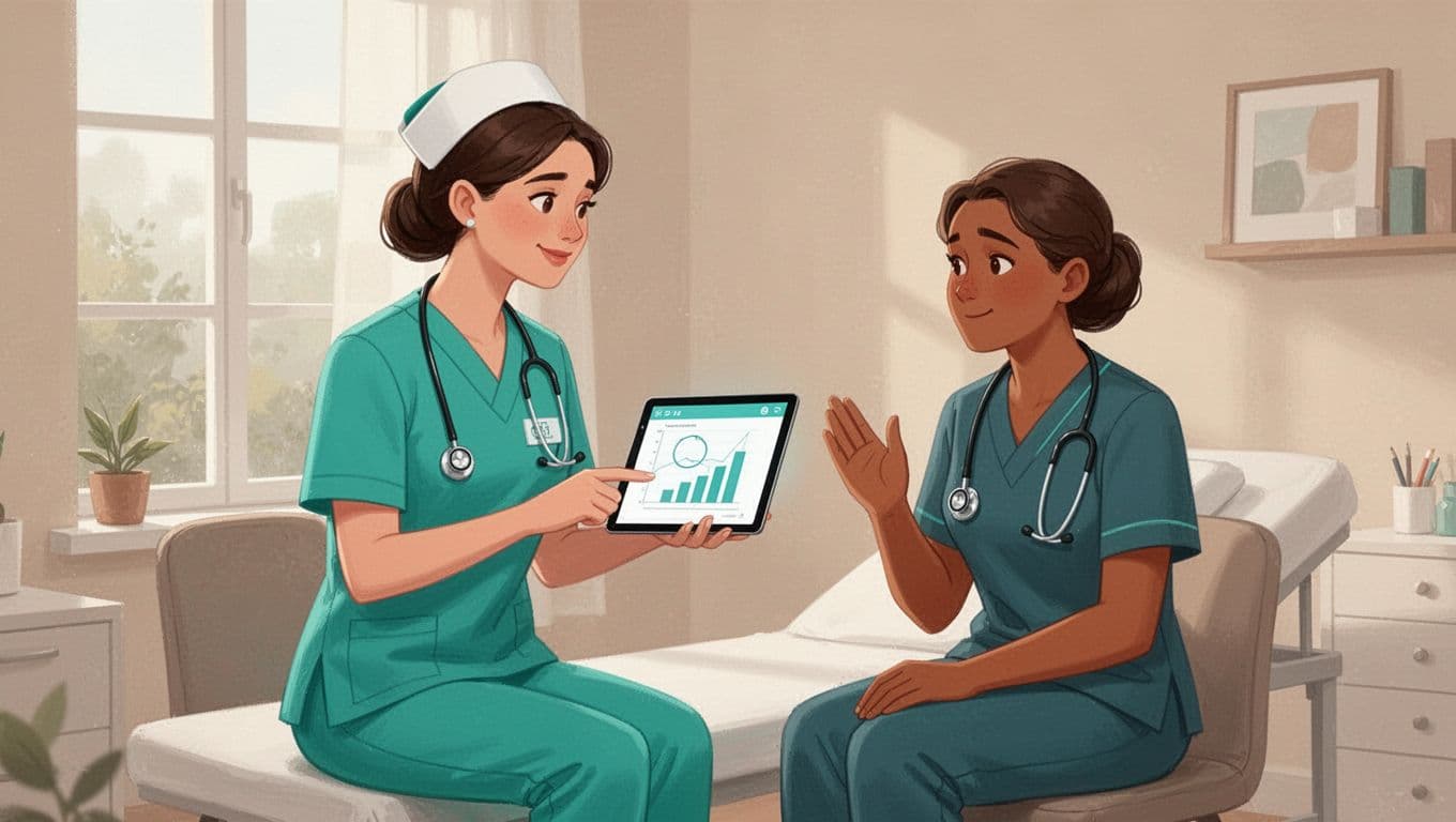 Modern illustration of one nurse in scrubs consulting with one attentive patient seated in a cozy clinic exam room, nurse holding tablet with simple chart, daylight window, green accent on stethoscope.