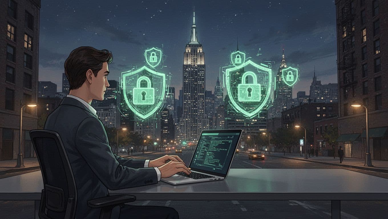 Modern illustration of New York City skyline at night protected by glowing cybersecurity locks and shields, featuring an independent consultant reviewing data on a laptop in the foreground.