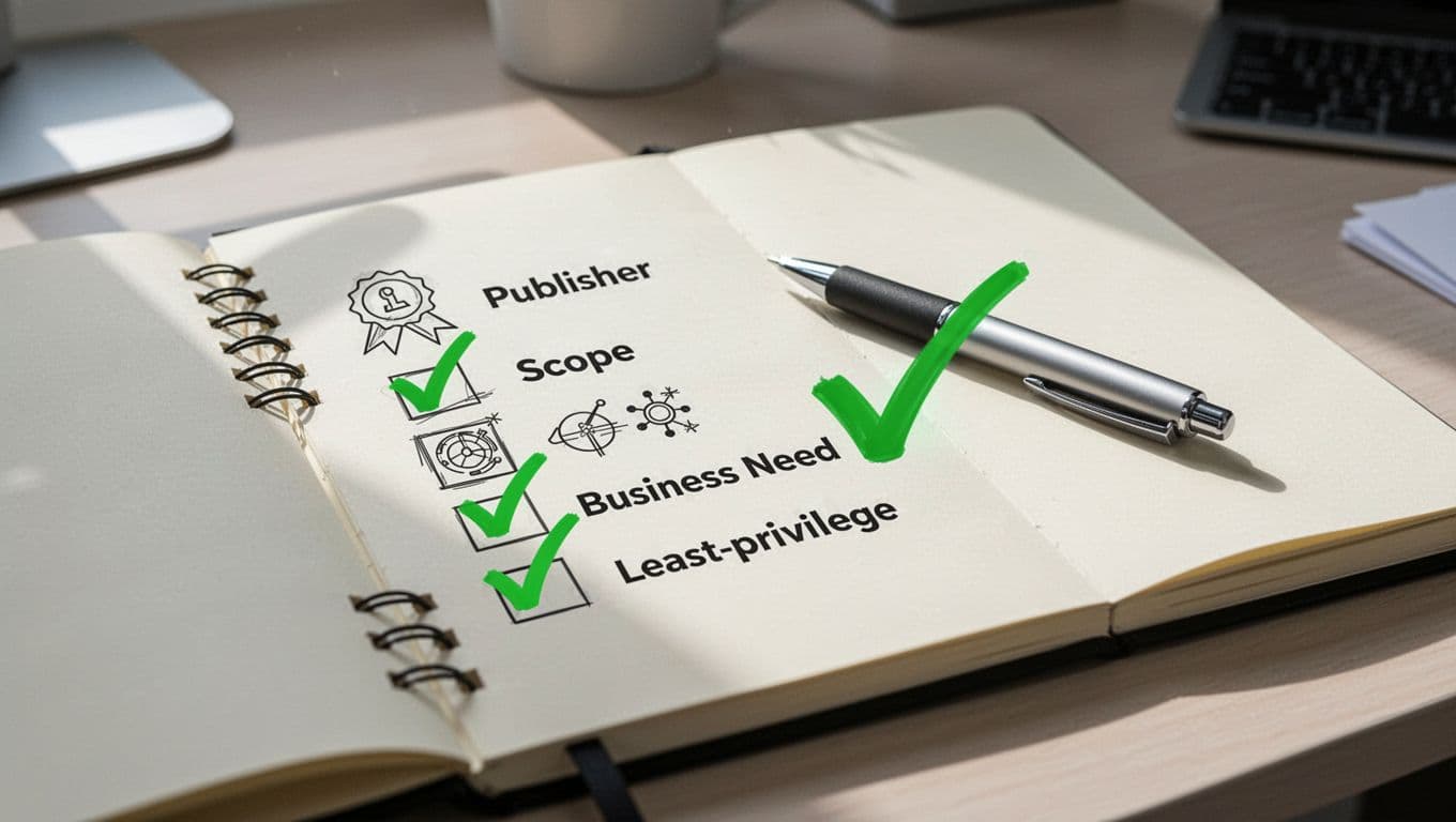 Notepad on desk shows illustrated checklist for OAuth app evaluation with icons and green checkmarks.