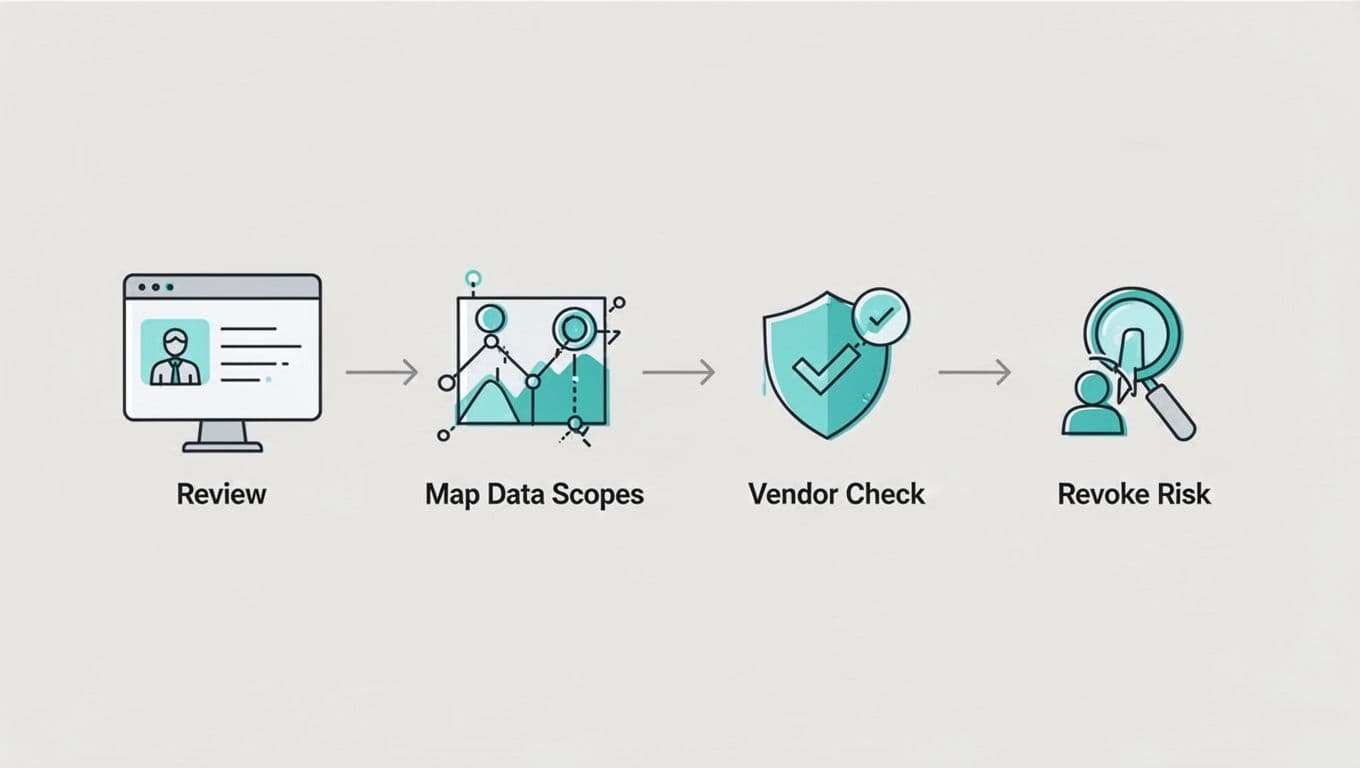 Workflow diagram with four icons for review screen, scope mapping, vendor check, and revoke decision, connected by arrows on neutral background.