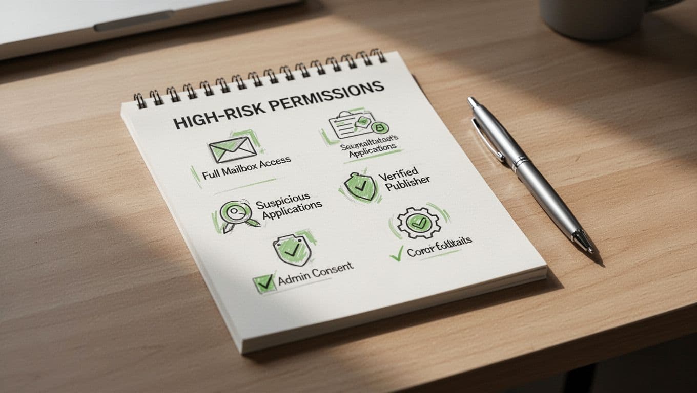 Modern illustration of an OAuth permission review checklist for Microsoft 365 apps, featuring icons for high-risk scopes like full mailbox access, suspicious apps, verified publishers, and admin consent on a notepad in a workspace.
