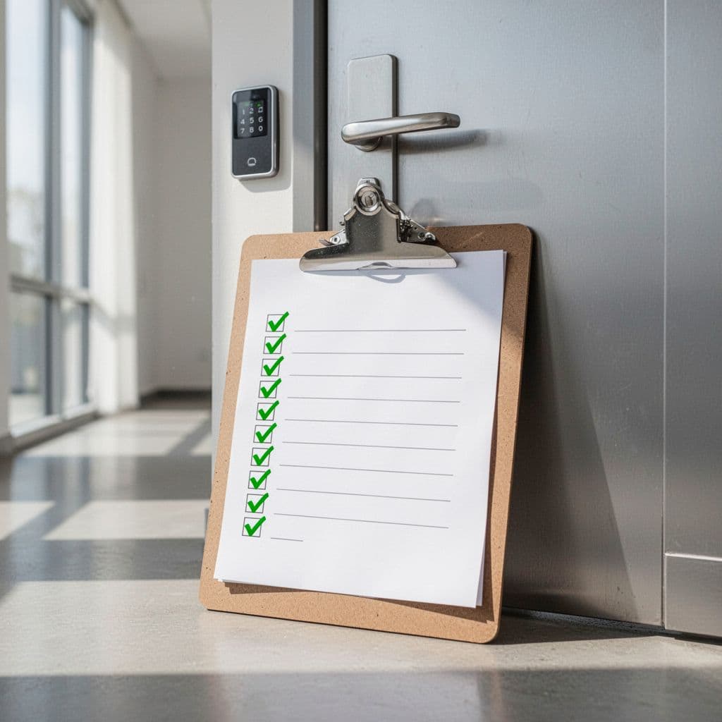 Clipboard with faint checklist items and green checkmarks next to a secure office door.