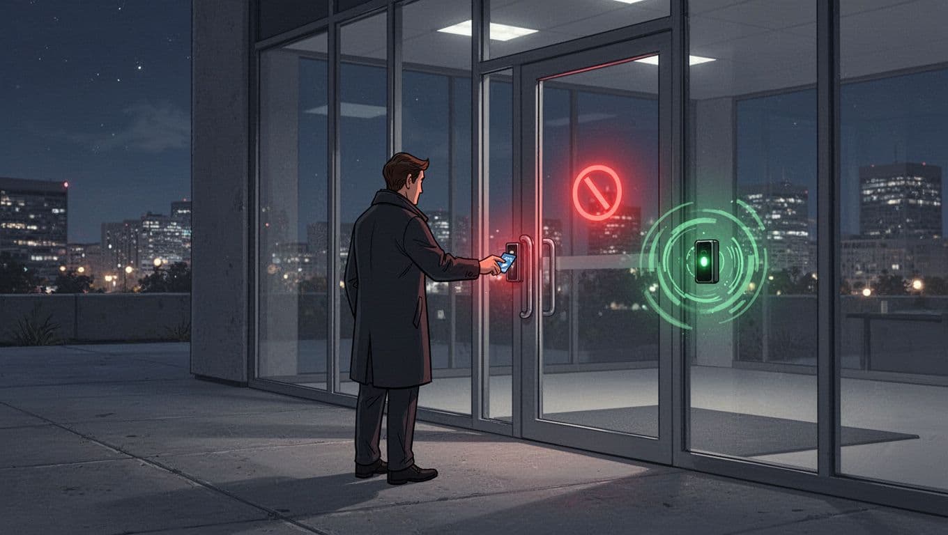Modern illustration showing a shadowy figure unsuccessfully swiping a key card at a contemporary office door at night, featuring a red denied light and subtle green security alert glow on the panel against a dark city lights background.