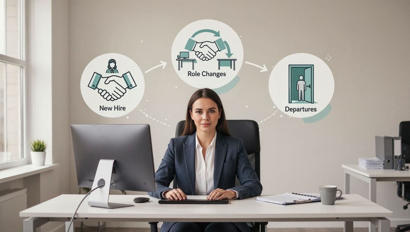 Manager at computer oversees icons of employee handshake join, arrow between desks for role move, and door exit on light neutral background.