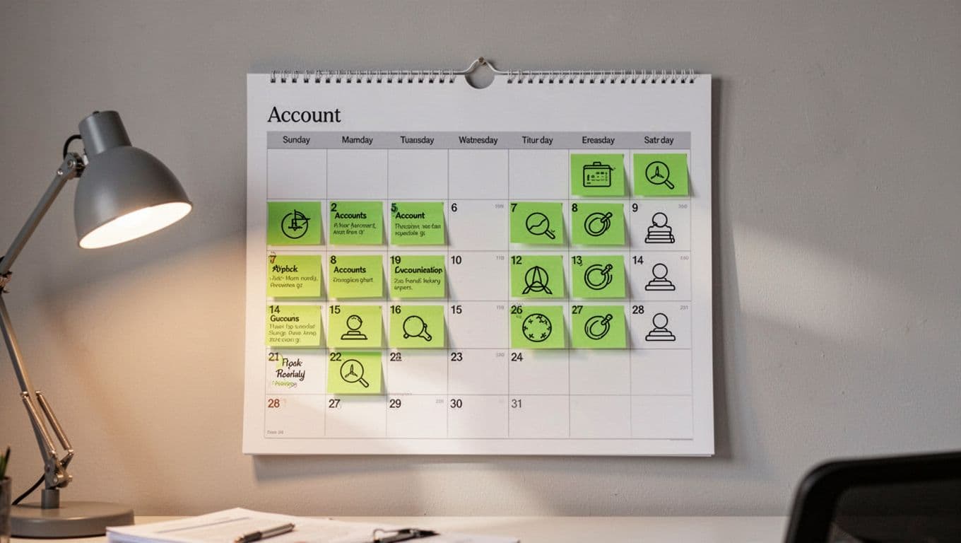Modern illustration of a wall calendar in an office with pinned notes marking privileged access review dates highlighted in green for admin, service, and emergency accounts.