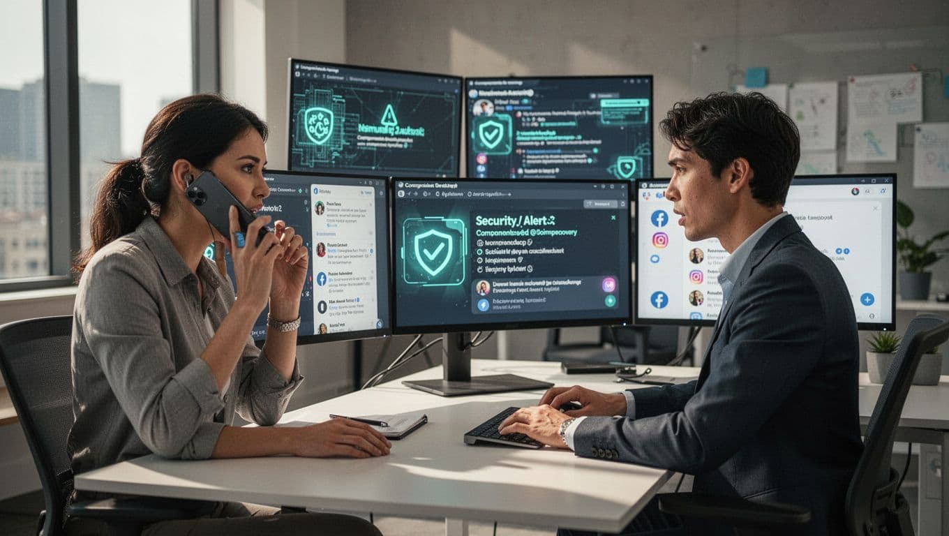 Modern illustration of a three-person team in an office urgently responding to hacked Instagram and X accounts, with multiple screens displaying alerts, one person on phone with support, and another typing recovery steps using clean shapes and #22C55E accent colors.