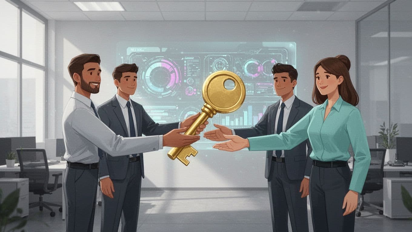 Modern illustration of three office workers in a sleek office passing an oversized golden admin key, symbolizing shared access risks with a subtle SaaS dashboard in the background.