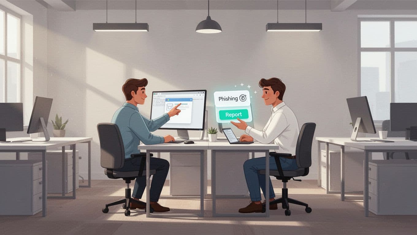 Modern flat illustration of four office workers at desks engaging in security awareness training on computers, with one spotting and reporting a phishing email using a green-accented report button in an open office.