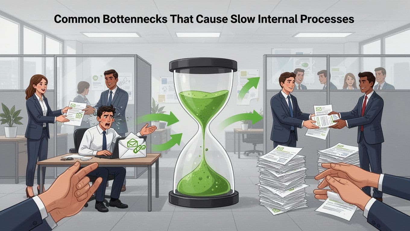 Modern illustration of a business office scene showing slow internal processes, including a frustrated worker waiting for email approval with an oversized hourglass, manual paper handoffs, duplicate documents, and siloed teams behind partitions.