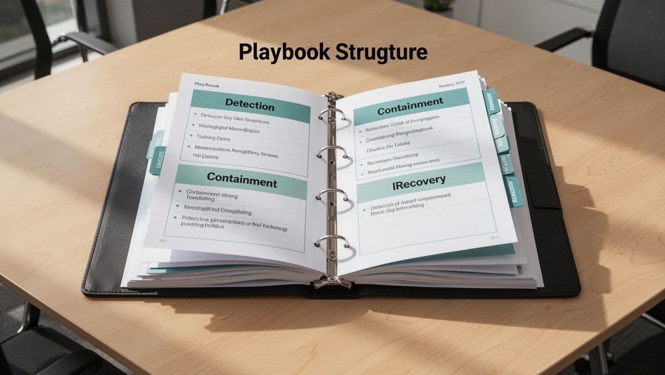 Open binder on conference table shows tabbed sections for detection, containment, investigation, and recovery.