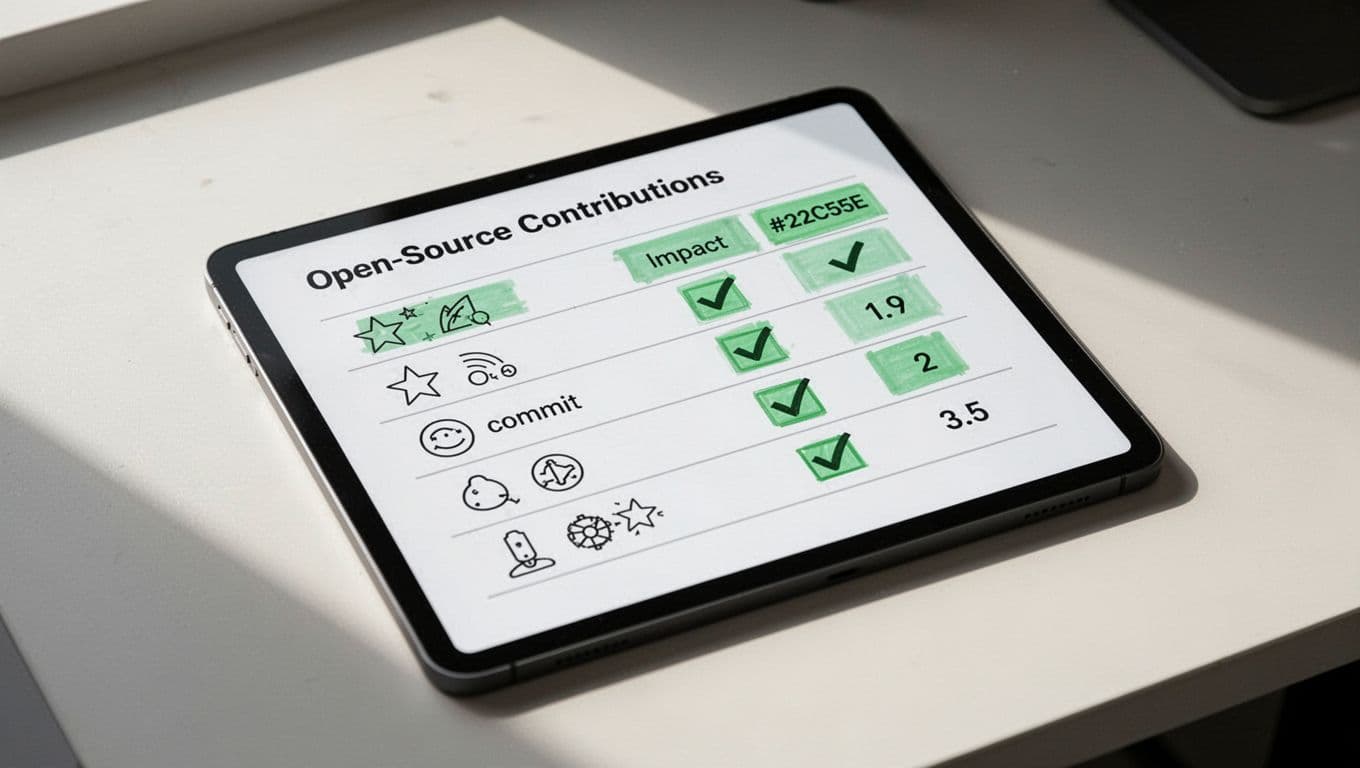 Modern illustration of a simple evaluation rubric table for open source contributions on a digital notepad, with icons for stars, commits, impact, checkmarks, and scores in clean shapes.