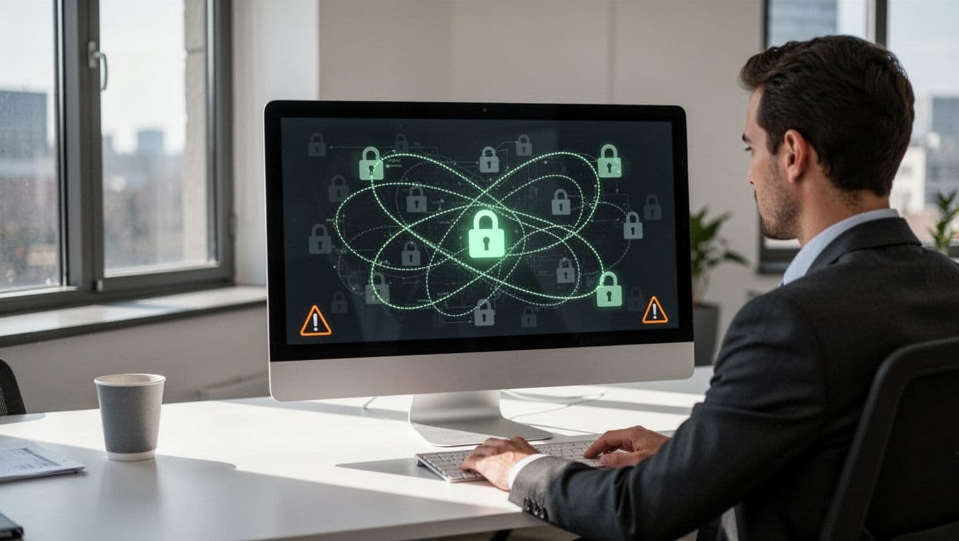 Modern illustration of an ops team dashboard on a computer screen in an office setting, featuring subtle hidden locks and warning icons tangled in workflow lines to represent security risks, with one analyst at a desk.