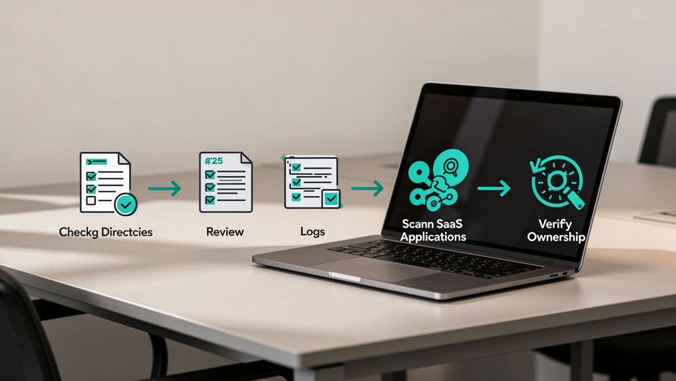 Step-by-step flowchart with icons depicting the process to audit and discover orphaned accounts: checking directories, reviewing logs, scanning SaaS apps, and verifying ownership. Illustrated in a modern style on a neutral office desk with a single laptop showing the audit screen.