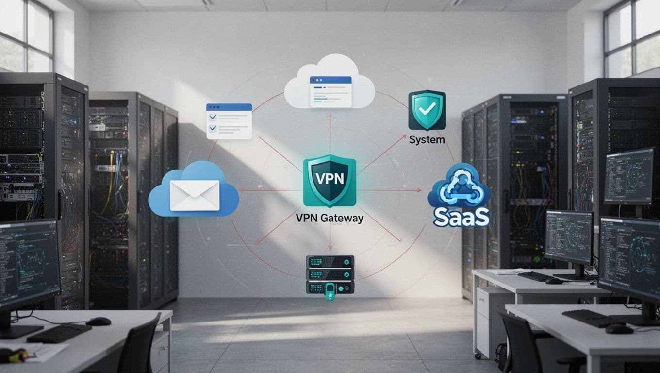 Illustration of orphaned user accounts lurking in IT systems like Active Directory, Microsoft 365, Google Workspace, VPN servers, and SaaS apps, connected by faint red lines on a clean office background with servers and monitors.